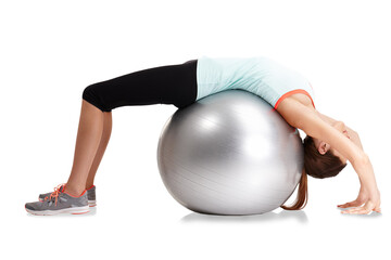 Exercise ball, woman or stretching back for fitness performance, yoga training or pilates workout....