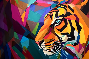 A beautiful tiger, modern artwork, abstract colorful painting with geometric shapes. Hand drawn digital painting. Generative AI