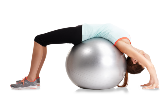 Exercise ball, woman or stretching back for fitness performance, yoga training or pilates workout. Spine wellness stretch, healthy body or person start warm up isolated on transparent, png background - Powered by Adobe