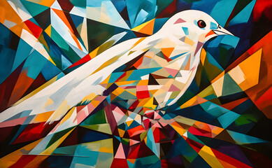 A beautiful white dove, modern artwork, abstract colorful painting with geometric shapes. Hand drawn digital painting. Generative AI