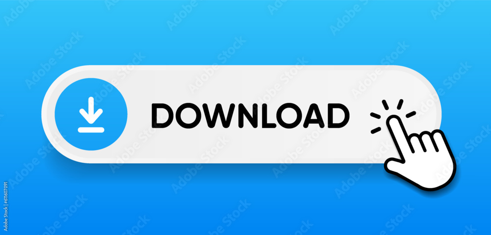 Poster 3D download button icon. Upload icon. Down arrow bottom side symbol. Click here button. Save cloud icon push button for UI UX, website, mobile application.