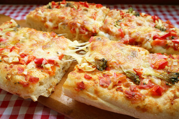 Mouthwatering Freshly Baked Homemade Pizza Alla Pala with Stretching Cheese