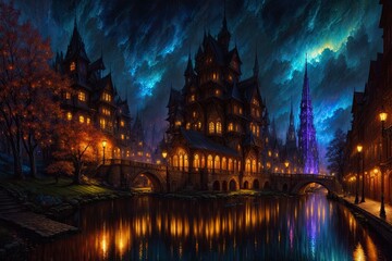 Fototapeta na wymiar Magisches Mondschein: Intrigierendes Schloss im etherealischen Schein, verborgenem Geheimnis in der Nacht - Generative AI 10