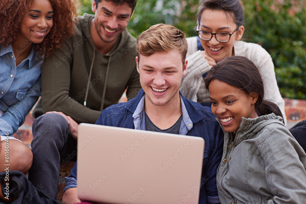 Poster computer, laughing and group of students outdoor in university learning, teamwork and studying for s