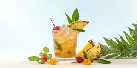 Fototapeta premium AI Generated. AI Generative. Traditional summer yellow tropical cocktail mai tai. Party vacation relax chill vibe. Graphic Art Illustration