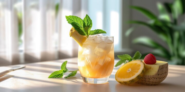 AI Generated. AI Generative. Traditional summer yellow tropical cocktail mai tai. Party vacation relax chill vibe. Graphic Art Illustration