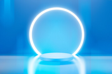 Abstract background in futuristic style and geometric blue podium platform for products presentation. 3D Render illustration.