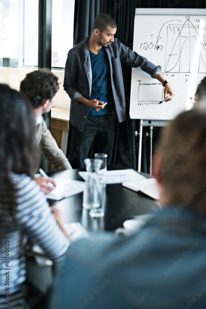 Poster Presentation, speaker and data with business people in meeting for statistics, planning and consulting. Training, chart and conference with employees in office for workshop, growth and investment