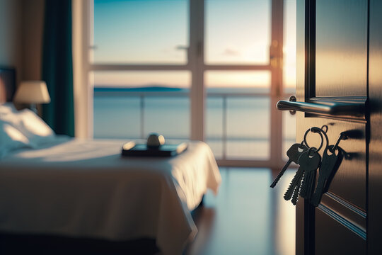 Open door with key to room in new apartment or hotel overlooking the sea. Panoramic sea views, luxury vacation rental or buying overseas property on sea coast. Generative AI