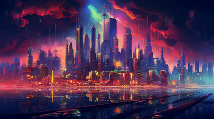 Obraz premium Futuristic Neon Cyberpunk City, Generative AI