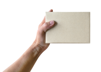 Hand holding paper box give gift isolated