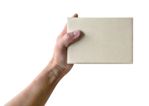 Hand holding paper box give gift isolated