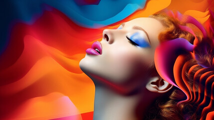 Naklejka premium Pop art style abstract photography featuring a young woman and a colorful patterned background, psychedelic created with generative ai