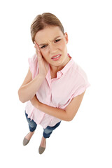 Top view, portrait and woman with a headache, health and issue isolated against a transparent background. Face, female person and model with a migraine, stress burnout and png with medical problem