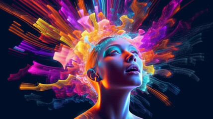 Psychedelic woman portrait meditation colorful background created with generative ai