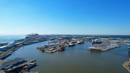 Fototapeta na wymiar Bremerhaven - port facilities Aerial view with the drone over the ports of Bremerhaven