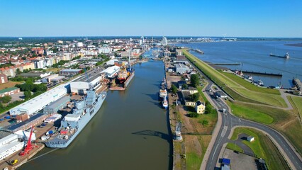 Fototapeta premium Bremerhaven - port facilities Aerial view with the drone over the ports of Bremerhaven