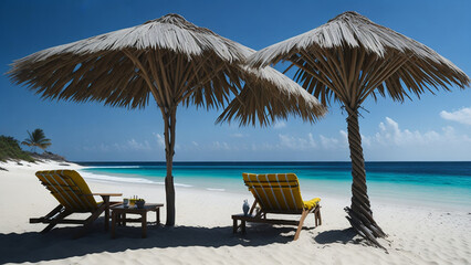Beach chairs and umbrellas on a tropical white sand beach.