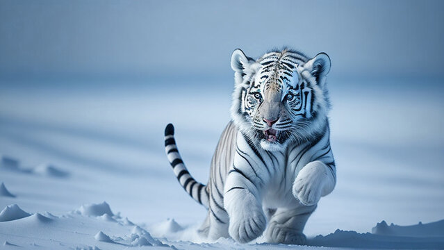 A cute white tiger cub running through the snow. Wildlife scene.