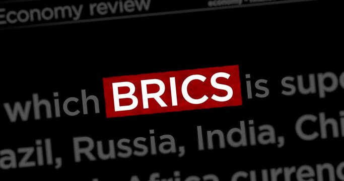 BRICS economic group and union organization news titles across international web media search. Abstract concept of internet headline information on dynamic displays animation.