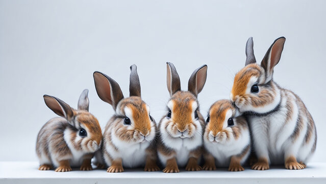 Group of adorable rabbits on white background with copy space.