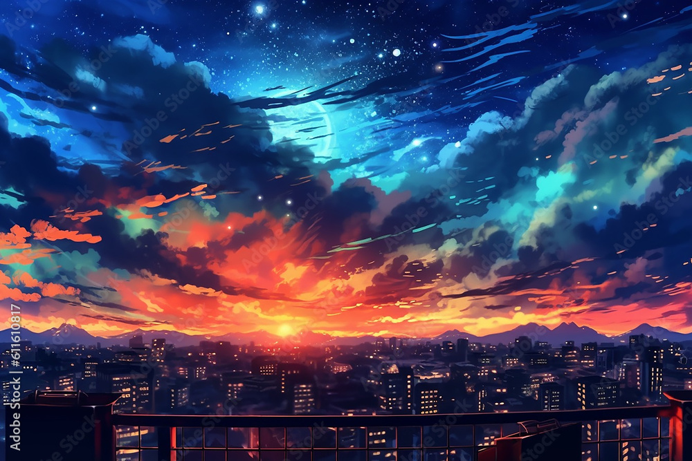 Wall mural ai generative image of an anime sky at night with a beautiful clouds and colorful image of universe