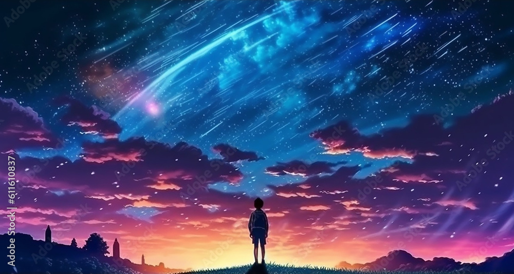 Poster ai generative image of an anime sky at night with a beautiful clouds and colorful image of universe