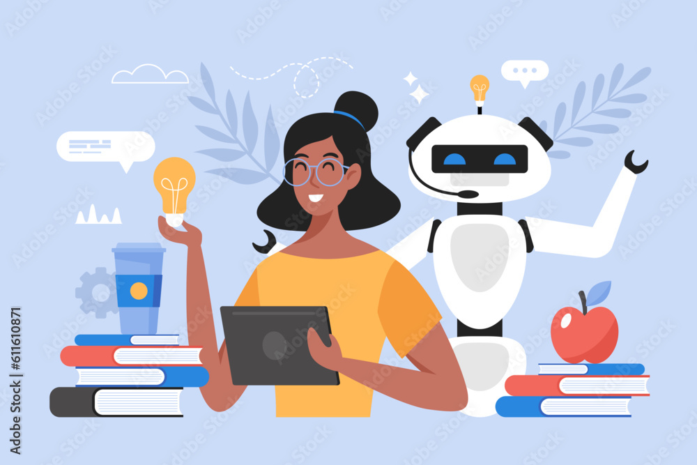 Wall mural education with artificial intelligence concept. modern vector illustration of student using ai techn