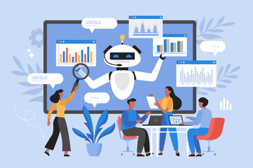Artificial intelligence tool for data analysis business concept. Modern vector illustration of people using AI technology for charts and marketing strategy - obrazy, fototapety, plakaty