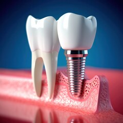 Demonstration model of crown teeth: a healthy tooth and an implant with a metal post on a blue background. AI generated.