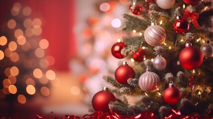 Fototapeta na wymiar Un sapin de Noël avec des décorations sur fond rouge 