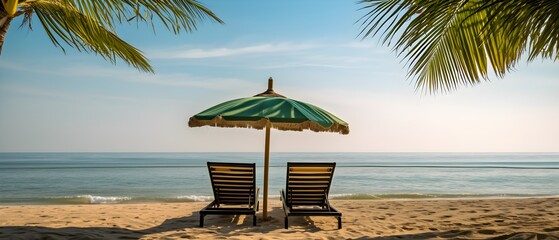 Deux chaises longues au bord d'une plage durant les vacances dans un cadre paradisiaque 