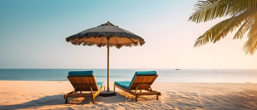 Deux chaises longues au bord d'une plage durant les vacances dans un cadre paradisiaque  
