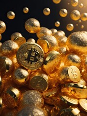 a pile of gold and black bitcoins with the number b on them. Generative AI