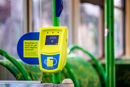 Melbourne, Victoria, Australia, April 16th, 2023: A well-used Myki ticket machine is in service onboard a Melbourne Tram