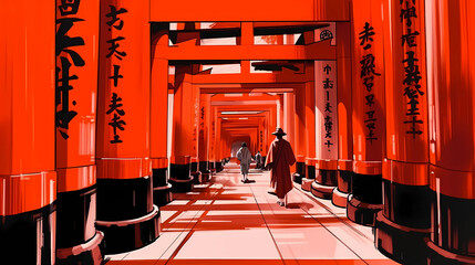 Illustration of beautiful view of Fushimi Inari-taisha, Japan