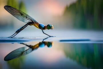 Dragon fly hovering  over a pond with its iridescent wings