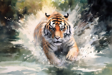 Fototapeta na wymiar Watercolour abstract animal painting of a tiger running across a river which could be used as a poster or flyer, computer Generative AI stock illustration image