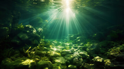 Fototapeta premium Underwater sunlight through the water surface seen from a rocky seabed with algae. Generative AI