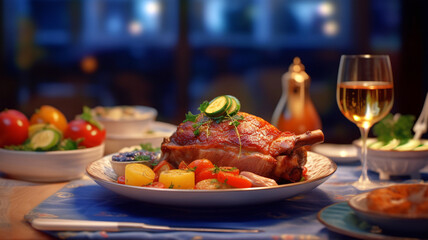 Czech traditional meat dish Veprove Koleno with vegetable and sauce side dish