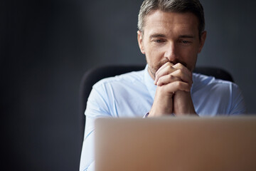 Man, stress and anxiety about business fail, trader worried about stock market crash and laptop...