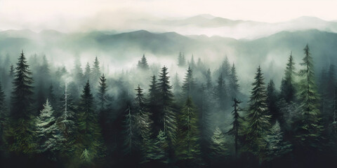 Obraz premium Misty landscape with fir forest in vintage retro style. Generative AI