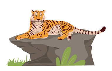 Fototapeta na wymiar Lying calm tiger on a boulder in the wild or zoo. Vector illustration in flat style isolated on white background.