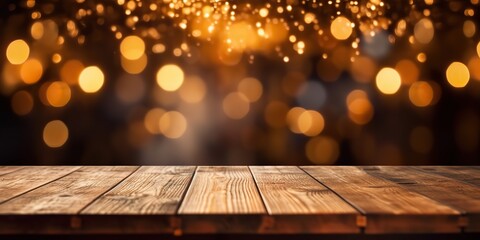 AI Generated. AI Generative. Blur bookeh ligh on background. Wooden table. Party decoration xmas christmas vibe. Graphic Art