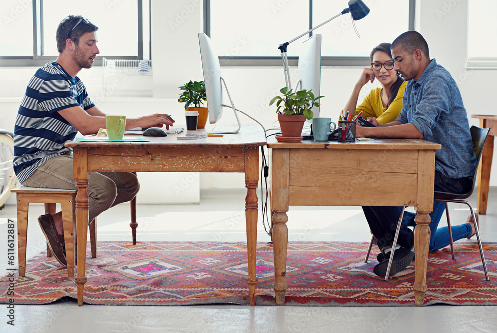Aufkleber coworking staff, creative designer and team in office with work and collaboration of small business.
