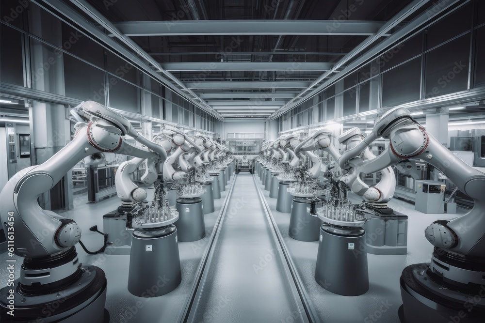 Poster group of robots working together in a factory. generative ai