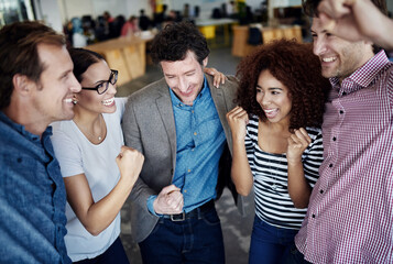 Teamwork, winner or excited business people in celebration of sales goals, winning victory or...