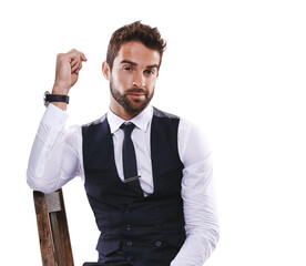 Portrait, classy and a handsome gentleman in formal clothes isolated on a transparent background for style. Chair, confident and fashion with a young male model posing in smart clothing on PNG