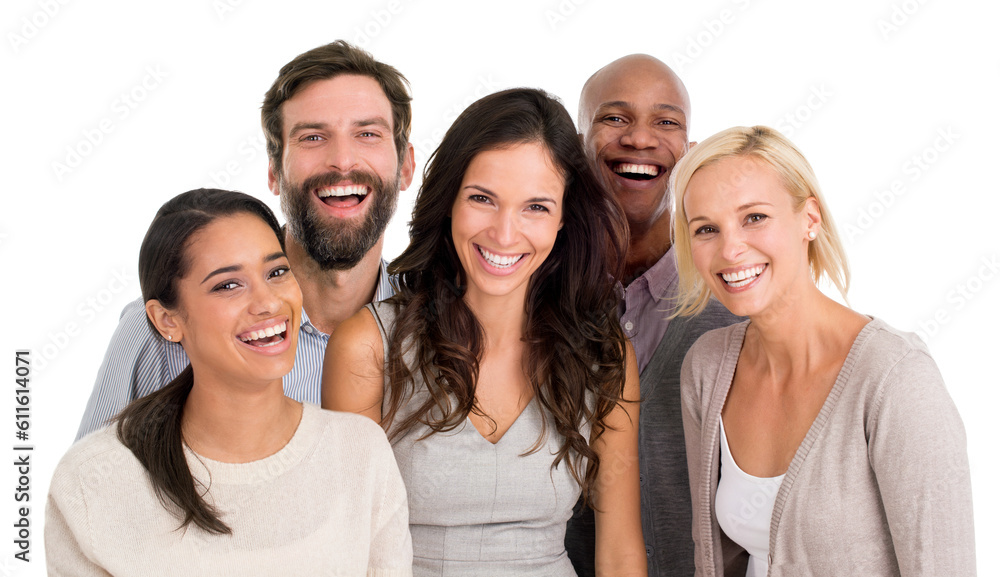 Wall mural Business people, happiness in portrait with diversity and team isolated on white background. Success, professional group are laughing together with positivity and career mindset in collaboration