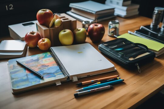 Back to school concept, backpack, books, pencils and other stationery on the table